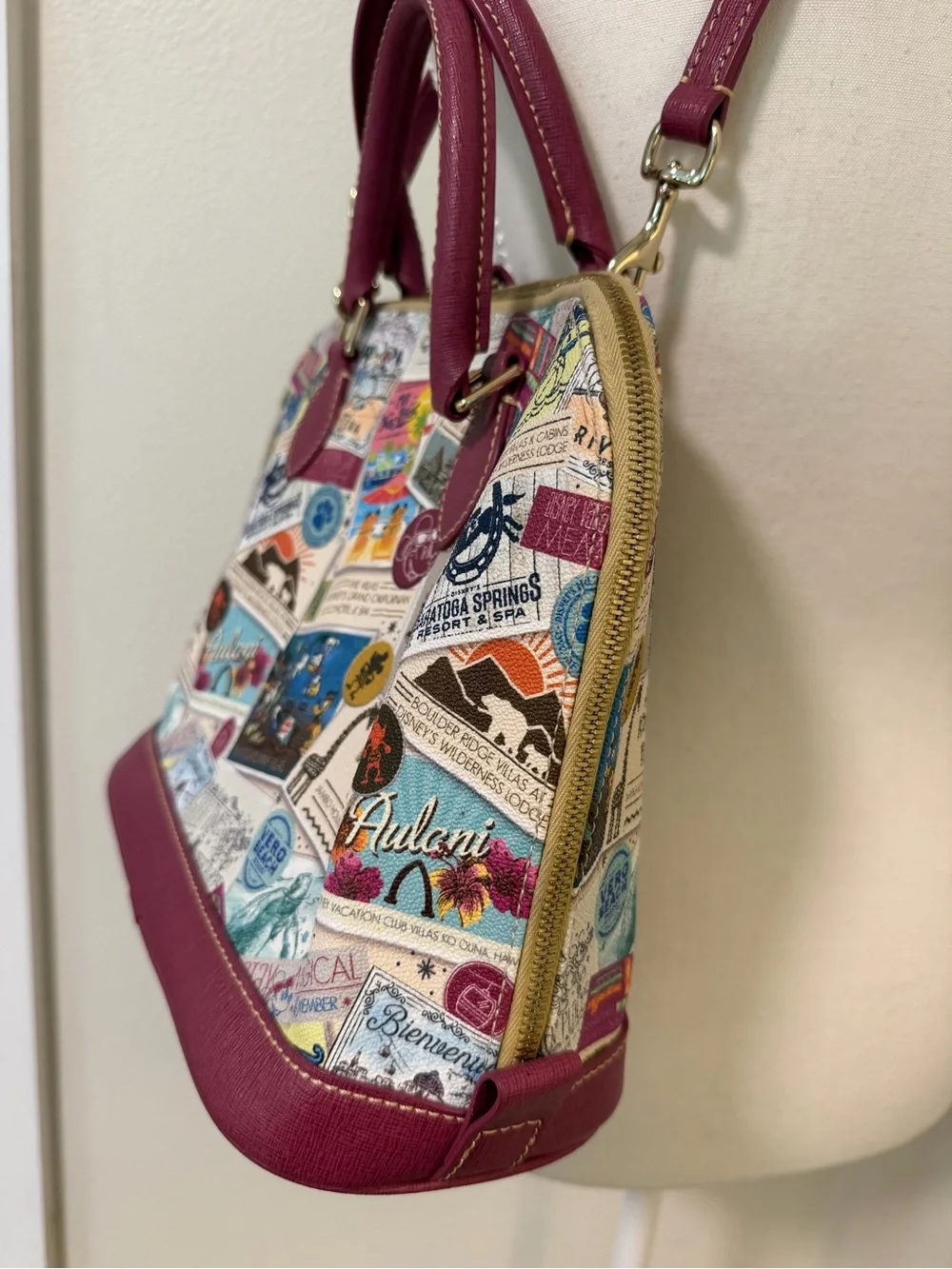 Dooney & Bourke Multicolor Disney Vacation Club Dome Satchel Burgundy Trim Purse